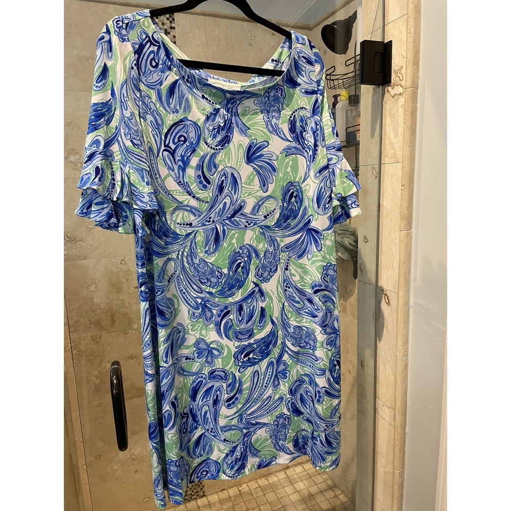 Pappagallo Women XL Paisley Midi Dress Blue Green Ruffle 3/4 Sleeve Geometric